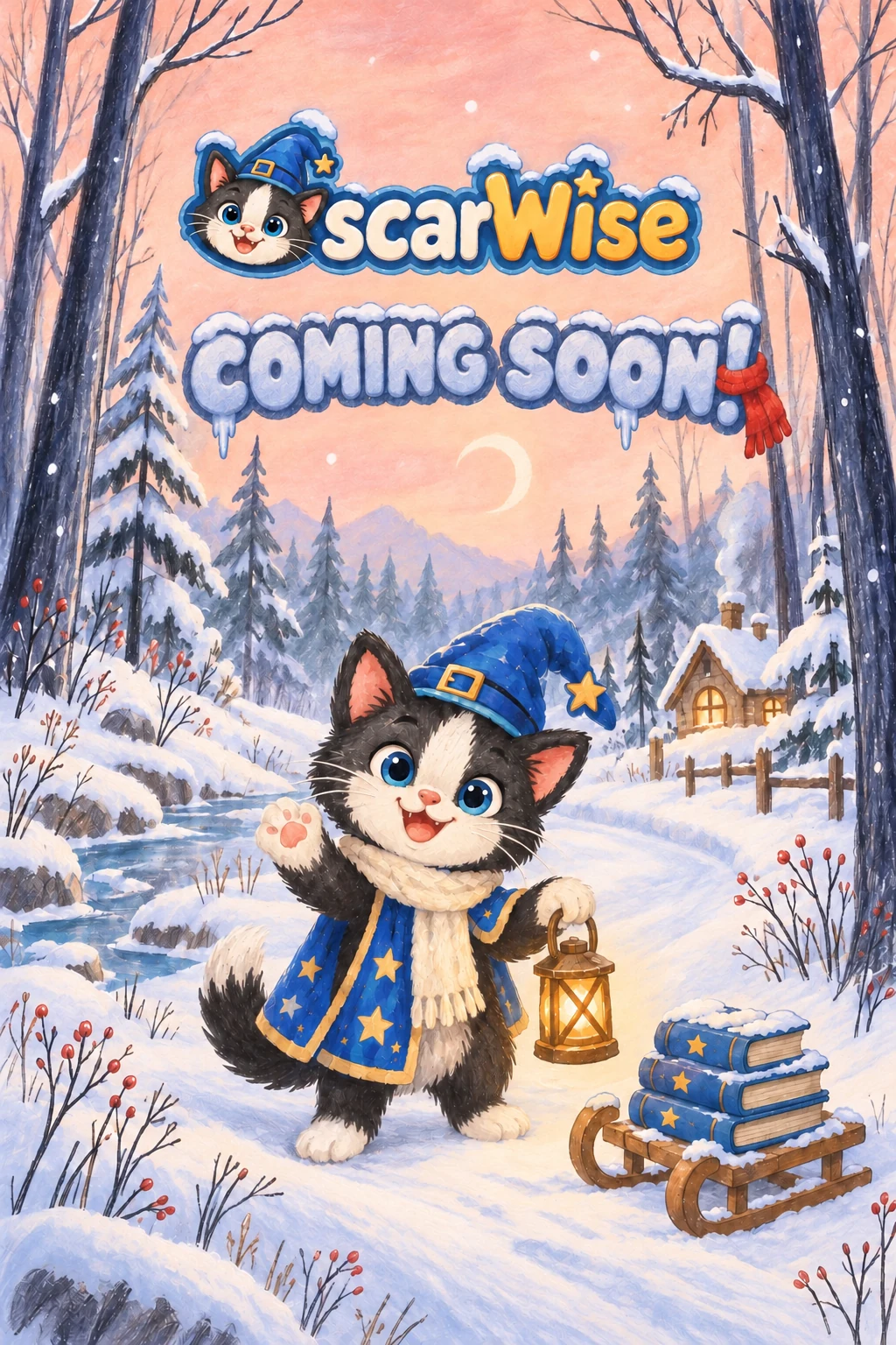 OscarWise. Coming soon! Oscar the wizard cat welcomes you to a snowy forest, holding a lantern beside a sled full of books.